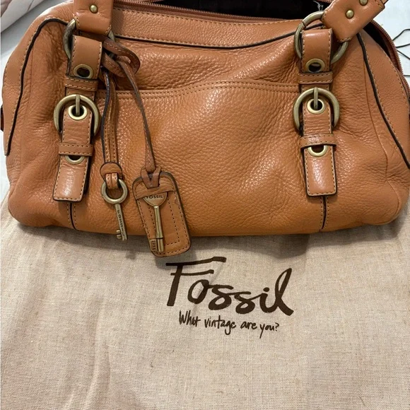 Fossil Tan Leather Satchel with Metal Accents - Picture 7 of 11